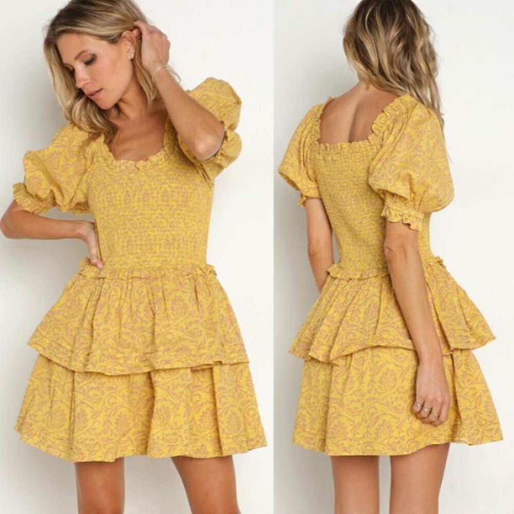 Cleobella Luna Camellia Print Mustard Yellow Mini Dress XS 51546
